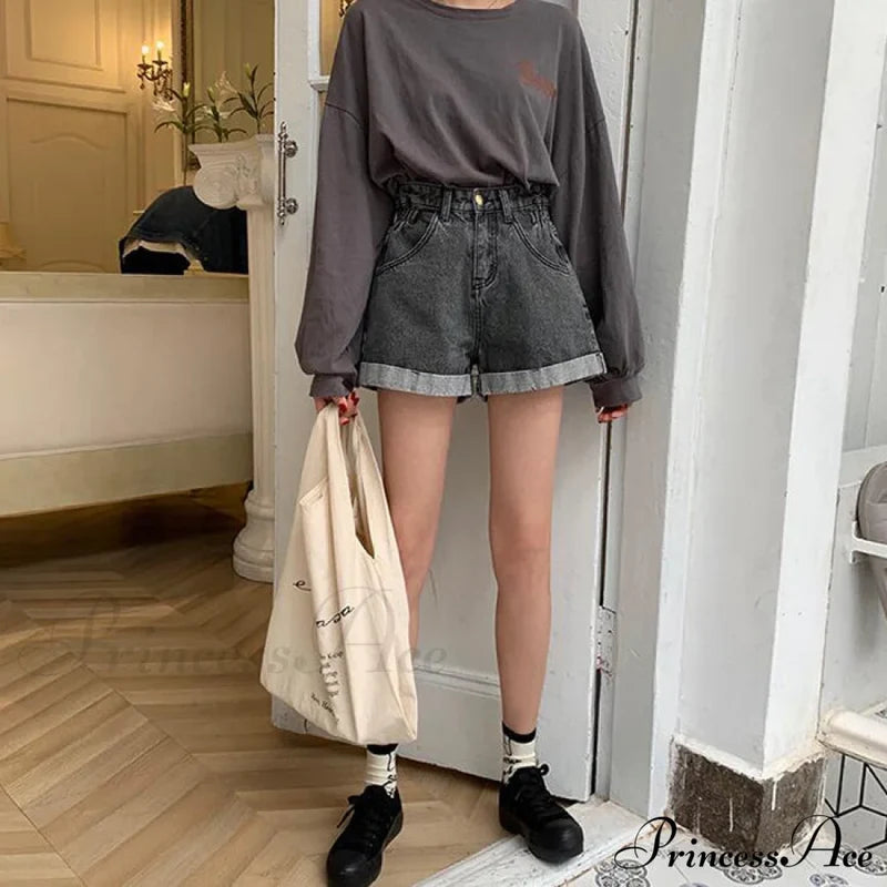 Brief Warm-Season Casual Waist Fashion Elastic Leg Women High Jeans Shorts Denim Wide Loose Size