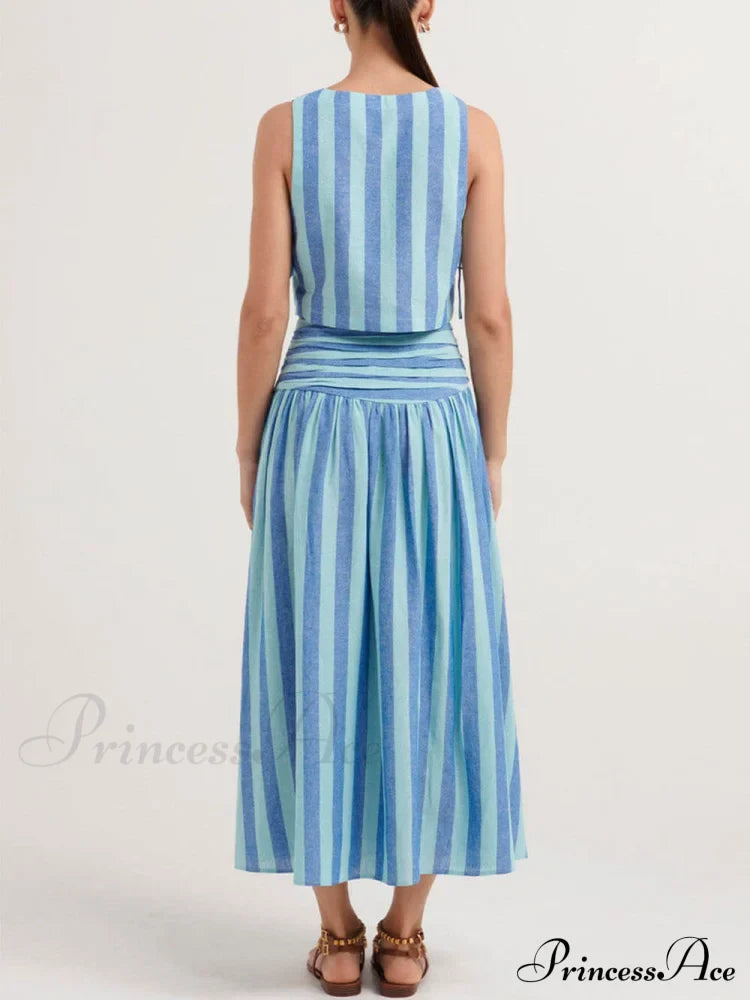 Lace-Up Tank And Ruched Graceful Waist Midi Skirt Set Dresses
