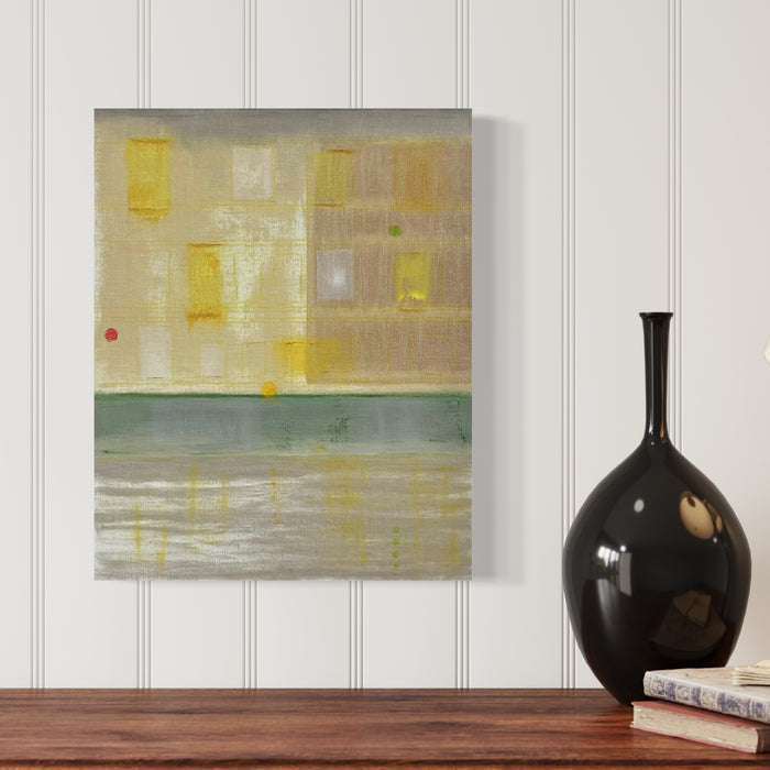 The artwork 'Urban Light (Park Ave. In The Rain)' features an abstract cityscape rendered in soft yellow and gray tones, with a muted green-gray horizontal divide suggesting a rain-slicked street. The composition captures the ethereal glow of city lights reflecting on wet pavement through minimalist geometric forms and subtle color transitions. Oil on linen on wood panel by Cora Jane Glasser.