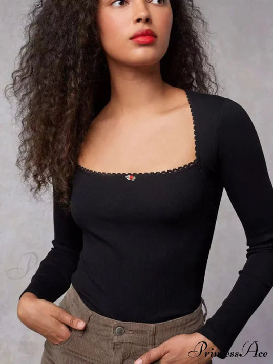 Arm Stretch Flower Boxy Long Thread T-Shirt Body Women’s Neck Knitted Top