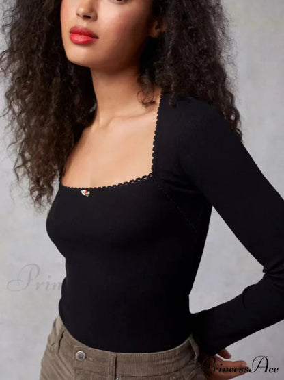Arm Stretch Flower Boxy Long Thread T-Shirt Body Women’s Neck Knitted Top