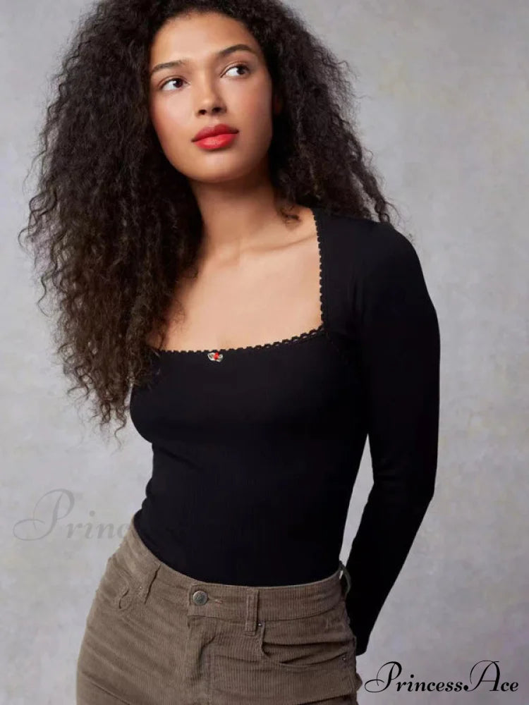 Women's New Bottoming Shirt Stretch Thread Body Flower Square Neck Knitted Long Sleeve T-Shirt Top Black clothes long sleeve shirt long sleeve shirts long sleeve top long sleeve tops shirt shirts top tops