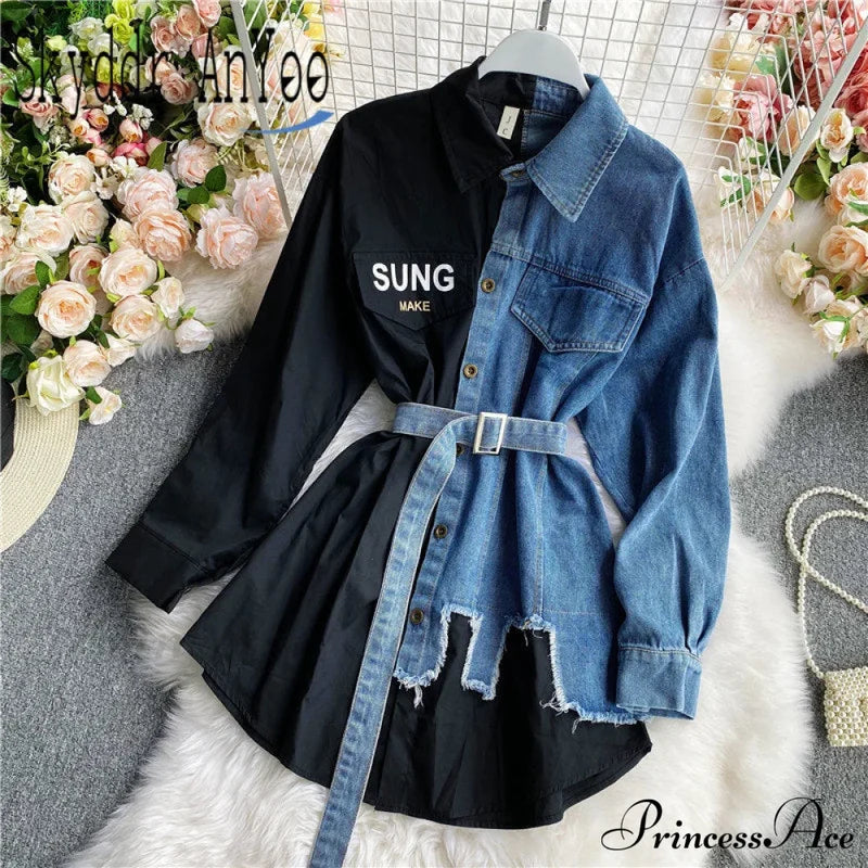 Blouse Patchwork - Plaid Jeans Long Women’s With Autumn Arm Elegant Design Slim Dress