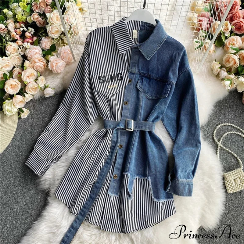 Blouse Patchwork - Plaid Jeans Long Women’s With Autumn Arm Elegant Design Slim Dress