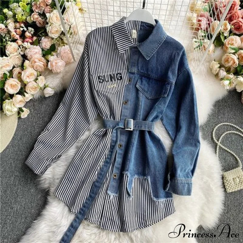 Blouse Patchwork - Plaid Jeans Long Women’s With Autumn Arm Elegant Design Slim Dress Gray / One