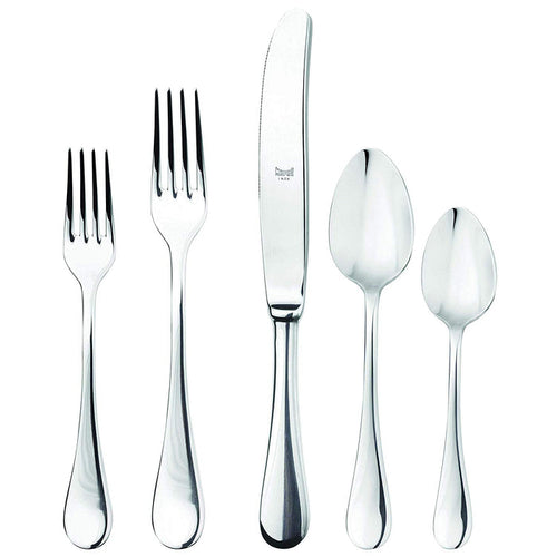 The Mepra Brescia Flatware 5 Piece Setting includes two forks, a knife, a tablespoon, and a teaspoon—each crafted from polished 18/10 stainless steel.