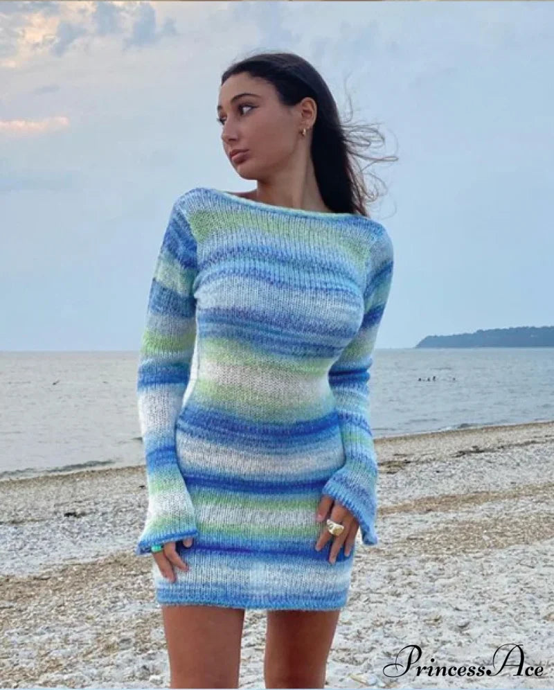 Casual Summer Stripe Knit Bodycon Dress For Women S / Green Dresses