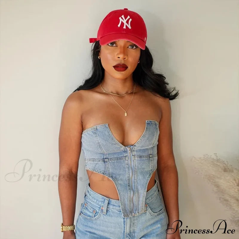 Clubwear Irregular Blue Crop Jeans Tops Warm-Season Denim Party Top Corset Streetwear Zipper Tube