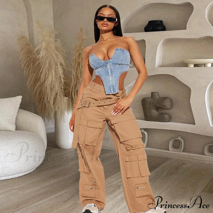 Clubwear Irregular Blue Crop Jeans Tops Warm-Season Denim Party Top Corset Streetwear Zipper Tube