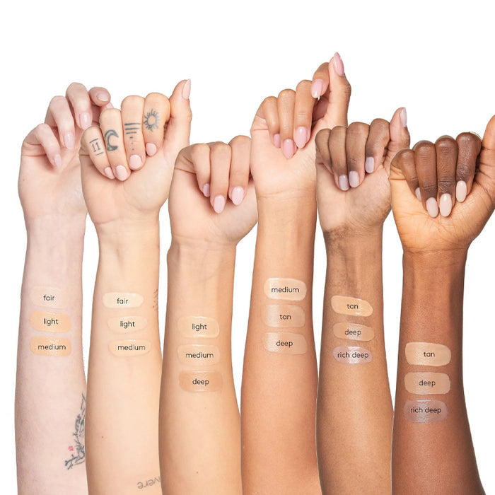Hands of various skin tones with color swatches labeled from 'fair' to 'rich deep'.