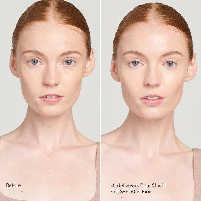 Before and after comparison of a model wearing a Face Shield Flex SPF 50 in Fair color.