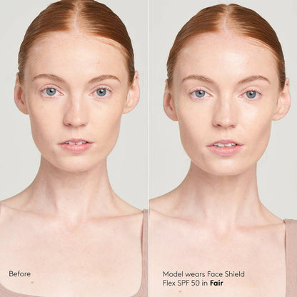 Before and after comparison of a model wearing a Face Shield Flex SPF 50 in Fair color.