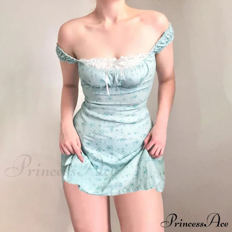 Coquette Y2K Printpatchwork Lace Trim Vintage Square Neck T-Shirts Floral Dress Sky Blue / S