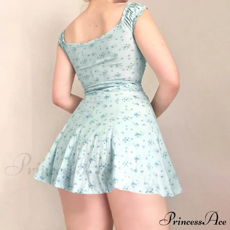 Coquette Y2K Printpatchwork Lace Trim Vintage Square Neck T-Shirts Floral Dress