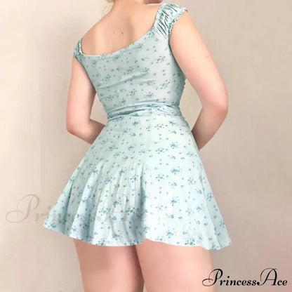 Coquette Y2K Printpatchwork Lace Trim Vintage Square Neck T-Shirts Floral Dress