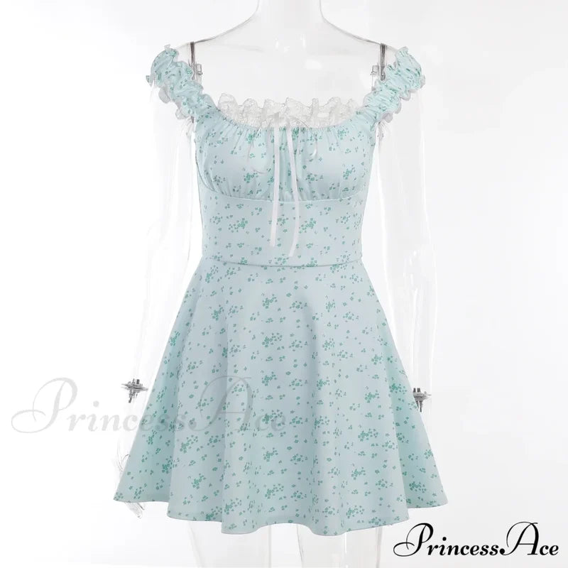 Coquette Y2K Printpatchwork Lace Trim Vintage Square Neck T-Shirts Floral Dress