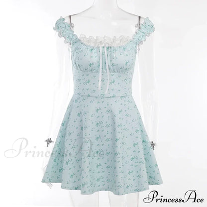 Coquette Y2K Printpatchwork Lace Trim Vintage Square Neck T-Shirts Floral Dress