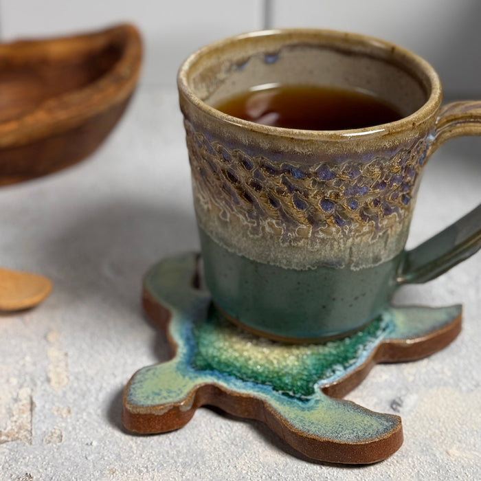 Dock 6 Pottery American Handmade Sea Turtle Coaster with Crackled Glass, Textured Turquoise