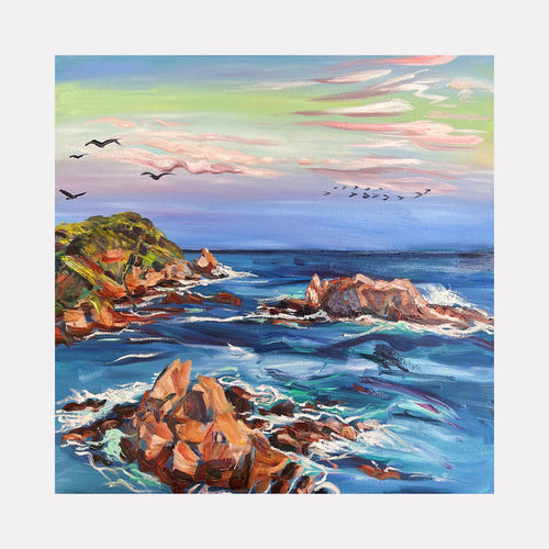 The artwork 'Father Elephant Looks Away' by Claudia Robles-Gil captures a vibrant coastal seascape with rugged orange-brown rock formations jutting from turquoise-blue waters. White-capped waves crash against the rocks under a pastel sky with pink and green hues. Black silhouettes of seabirds soar across the horizon, creating depth and movement in this 20x20 inch oil painting.
