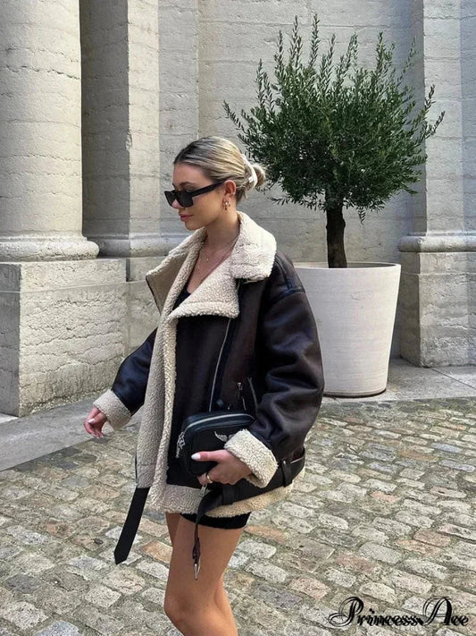 Faux Fur Stylish Double-sided Zipper Jacket brown / XS