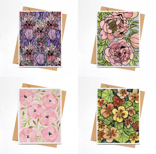 PinkPolish Design Card Pack "Floral" 4 Card Pack of Handmade Notecards