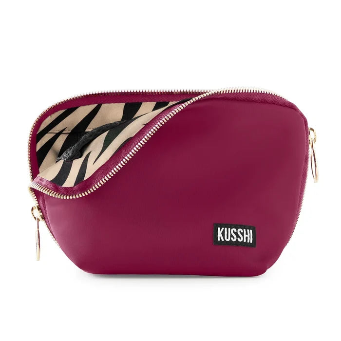 Wine/Zebra, KUSSHI Everyday Makeup Bag in wine fabric with KUSSHI label and zebra print interior