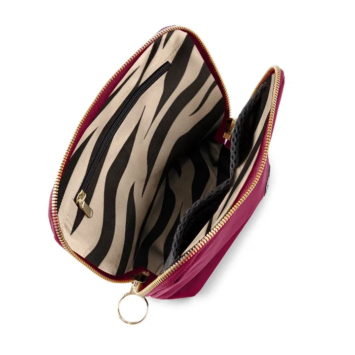 Wine/Zebra, KUSSHI Everyday Makeup Bag open and empty showing zebra print interior and zip pocket