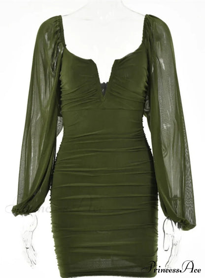 Lantern Sleeve Ruched Bodycon Dress With V-Cut S / Black Dresses