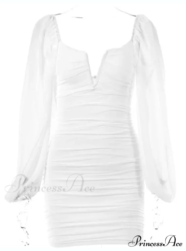 Lantern Sleeve Ruched Bodycon Dress With V-Cut S / Pink Dresses