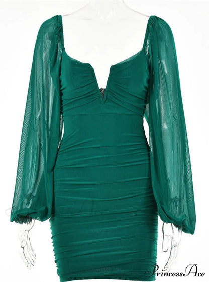 Lantern Sleeve Ruched Bodycon Dress With V-Cut S / Dark Blue Dresses