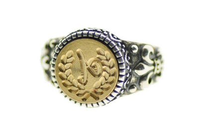 Laurel Wreath Initial Signet Ring - Backtozero B20 - 12f, 12mm, 12mm ring, 1initial, accessory, Custom, custom ring, Fleur de Lis, him, Initial, jewelry, One Initial, Personalized, ring, signet ring, size 10, size 11, size 8, size 9, wax seal, wax seal ring, wax seal stamp, wreath
