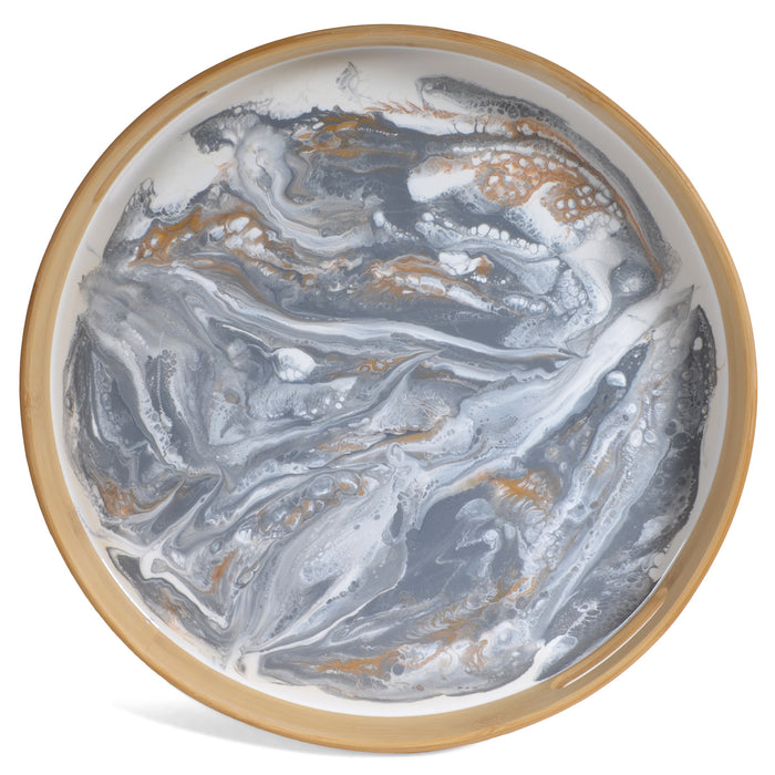 Lynn & Liana Bamboo and Resin 15.5-inch Round Serving Tray, White, Grey, Gold