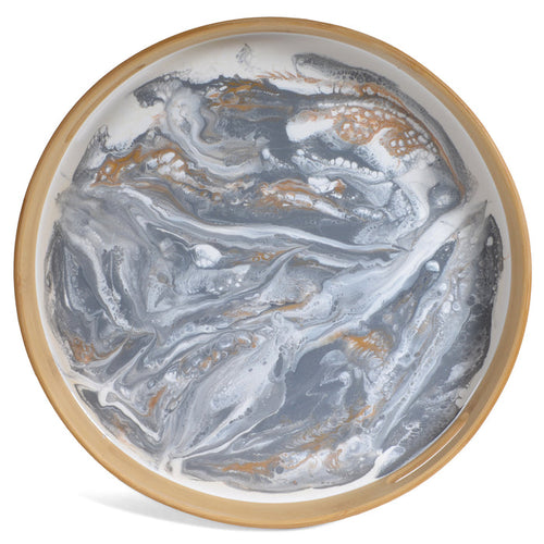 Lynn & Liana Bamboo and Resin 15.5-inch Round Serving Tray, White, Grey, Gold