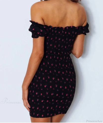 Orange Summer Print Off-The-Shoulder Midi Dress M / Black Dresses