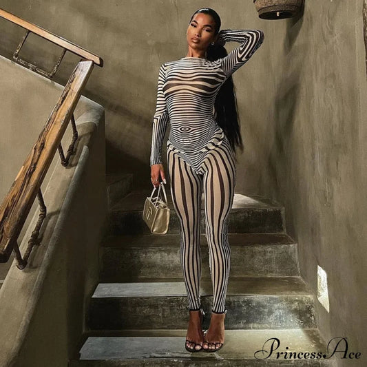Pants Suit Sexy Costume Zebra Co-Ord Striped Tracksuit For Mesh + Set 2 T-Shirt Piece Long Autumn