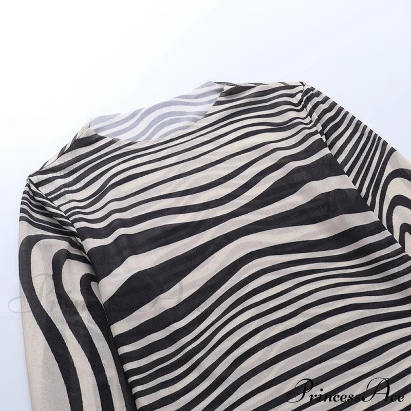 Pants Suit Sexy Costume Zebra Co-Ord Striped Tracksuit For Mesh + Set 2 T-Shirt Piece Long Autumn