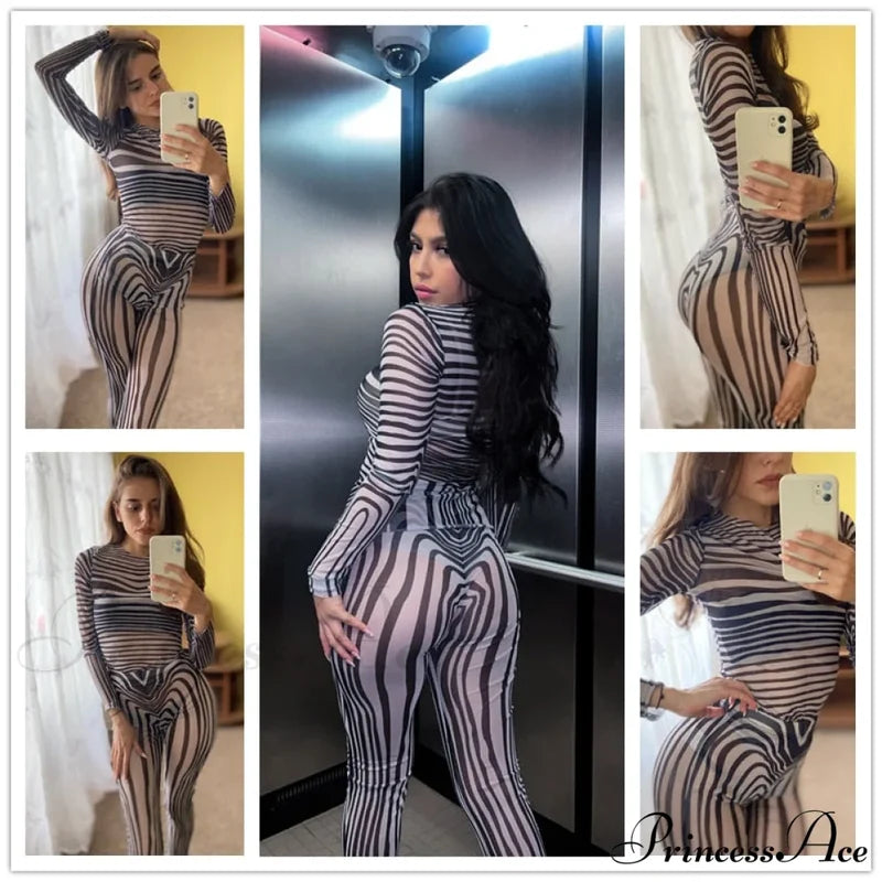 Pants Suit Sexy Costume Zebra Co-Ord Striped Tracksuit For Mesh + Set 2 T-Shirt Piece Long Autumn