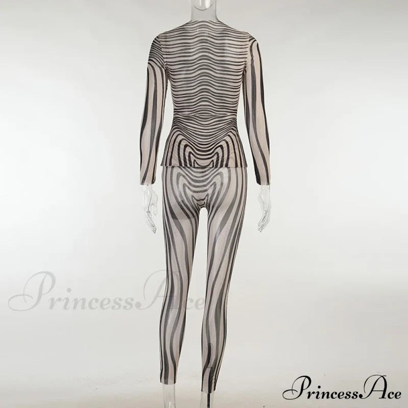 Pants Suit Sexy Costume Zebra Co-Ord Striped Tracksuit For Mesh + Set 2 T-Shirt Piece Long Autumn