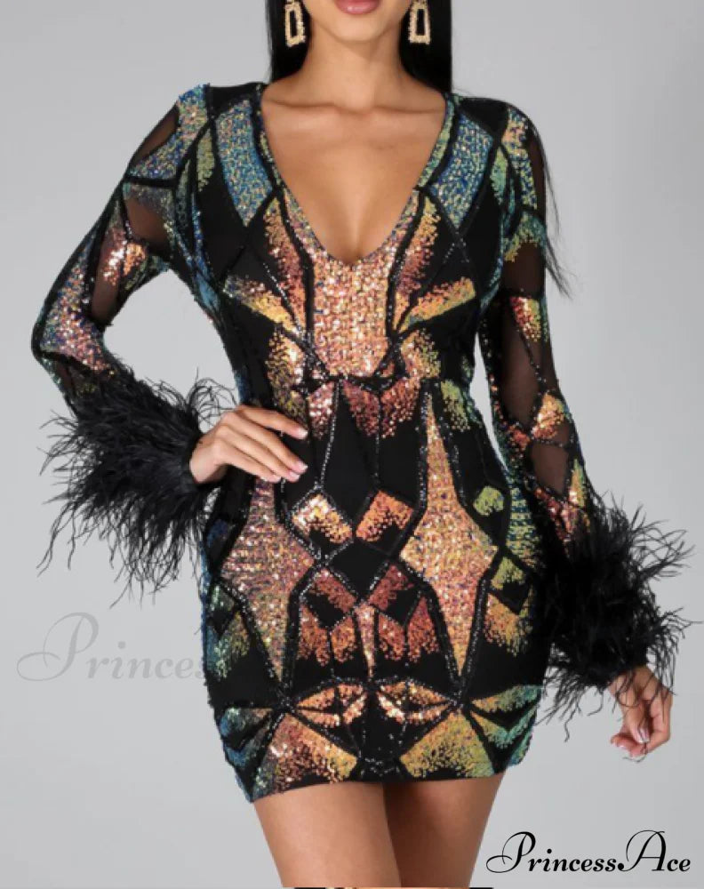 Patchwork Print Skinny Ostrich Feather Sequins Party Dress S / Black Dresses