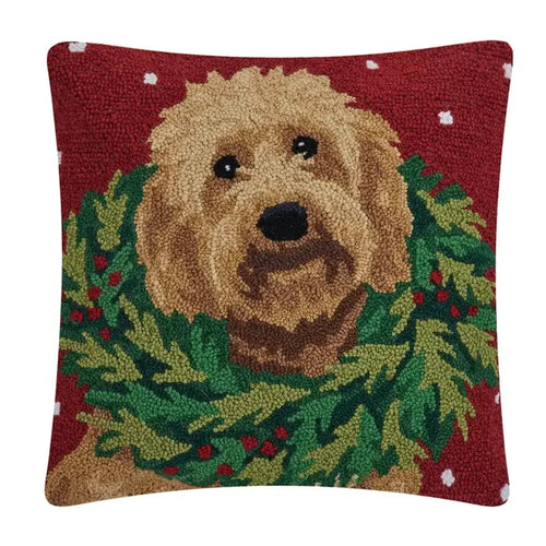 Pillow - Square - Christmas Labradoodle with Wreath. - Findlay Rowe Designs