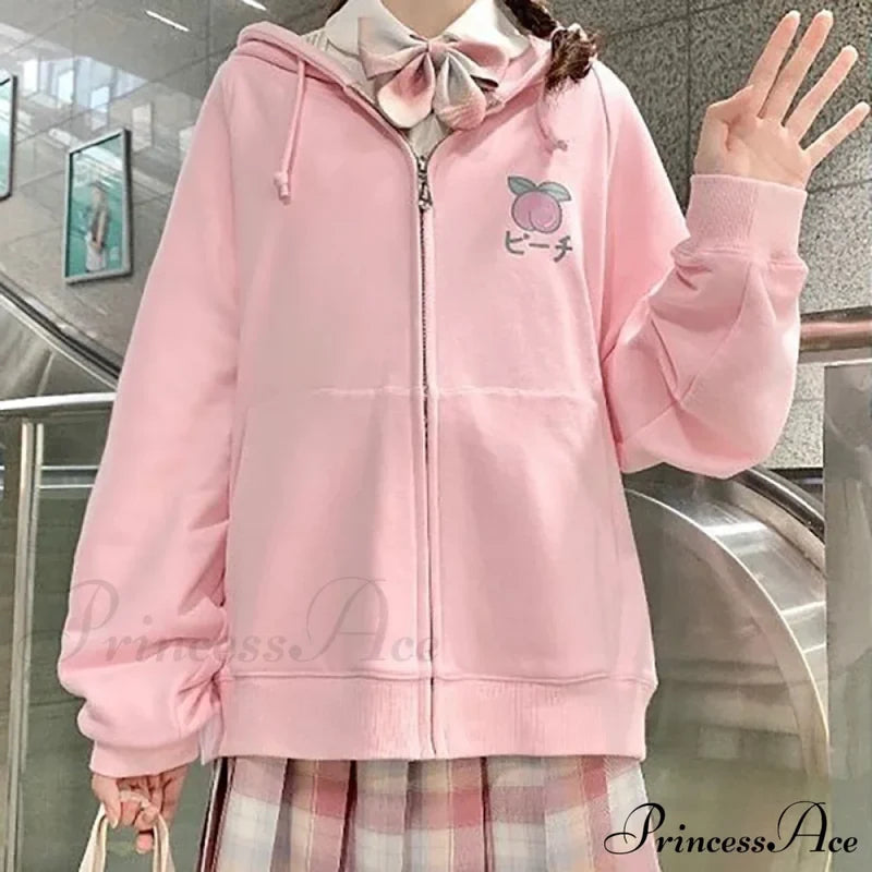 Plus Hoodie Design Women Fruit Sweatshirt Harajuku Loose Thin Zipper Sweet Pink Pocket Cute Size