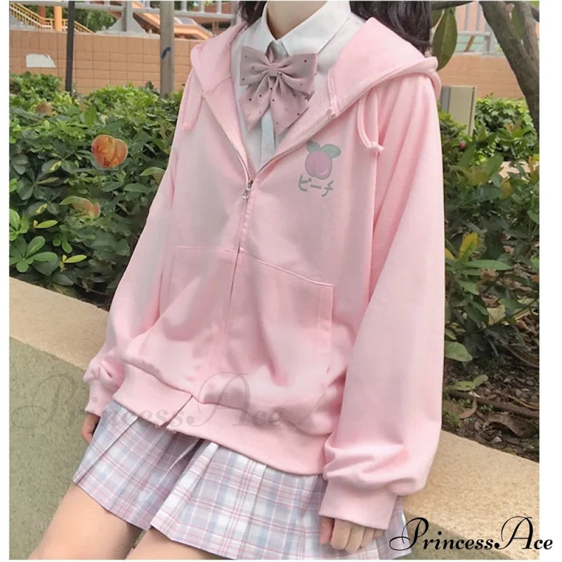 Plus Hoodie Design Women Fruit Sweatshirt Harajuku Loose Thin Zipper Sweet Pink Pocket Cute Size