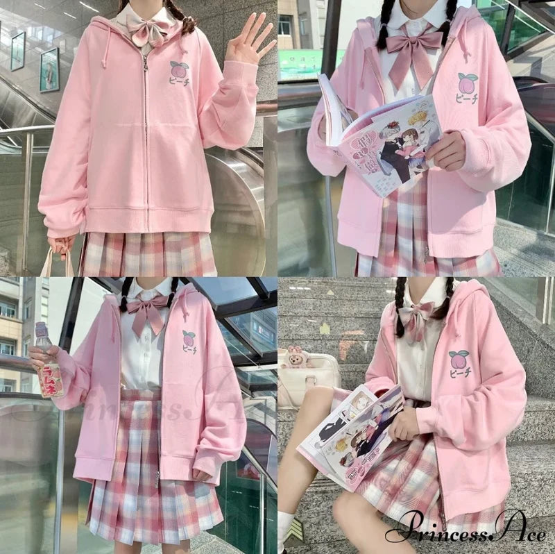 Plus Hoodie Design Women Fruit Sweatshirt Harajuku Loose Thin Zipper Sweet Pink Pocket Cute Size