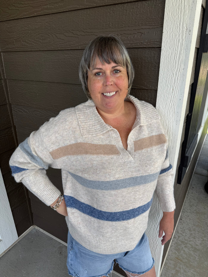 Plus Striped Pullover Collared Sweater