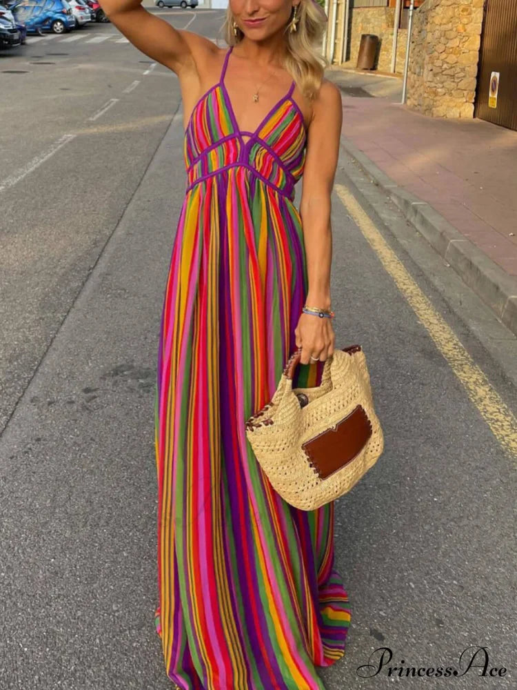 Rainbow Stripe Print Charming V-Neck Maxi Dress Dresses