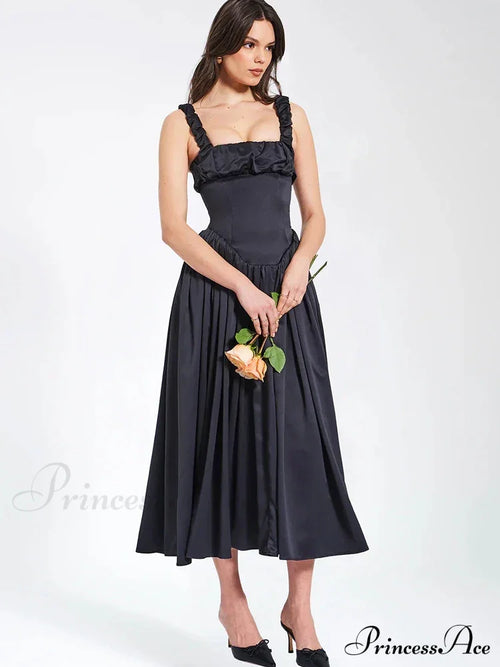 Ruched Strap Stylish Frill Maxi Dress