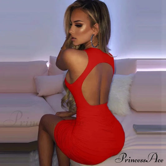 Ruched Tank Sexy Bodycon Backless Lady Black O-Neck Hollow Gown Dresses White Sleeveless Out Party