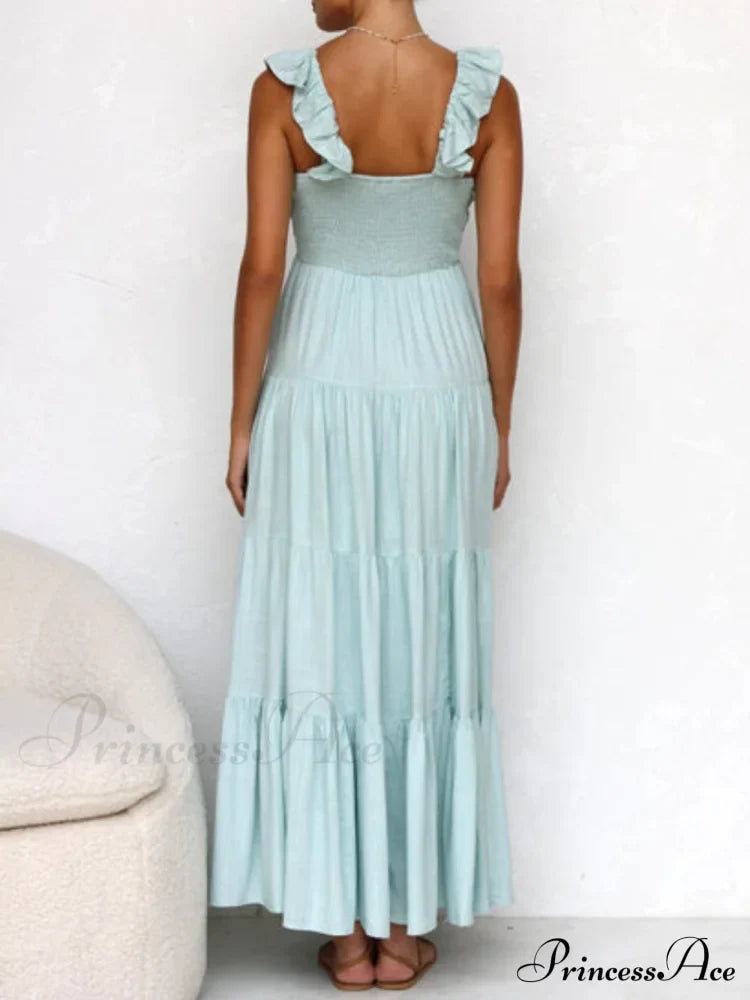 Ruffled Flying Sleeves Smocked Graceful Back Tiered Vacation Maxi Dress Dresses