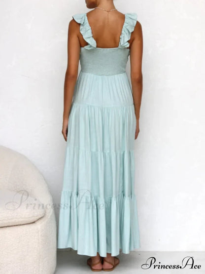 Ruffled Flying Sleeves Smocked Graceful Back Tiered Vacation Maxi Dress Dresses