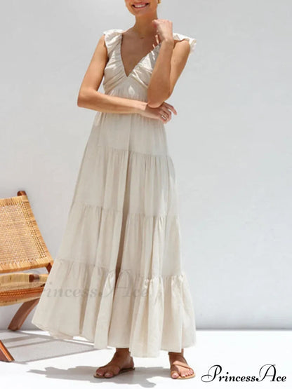 Ruffled Flying Sleeves Smocked Graceful Back Tiered Vacation Maxi Dress Dresses